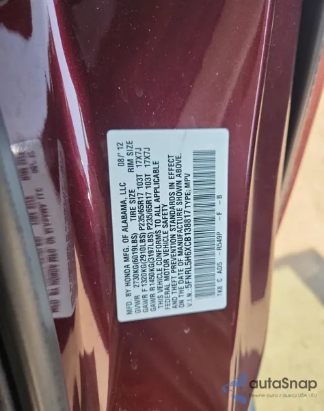2012 Honda Odyssey Exl z USA, uszkodzony, nr VIN 5FNRL5H6XCB138817